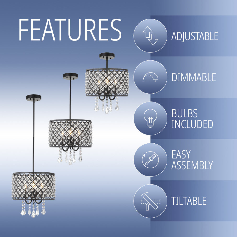 Gigi Metal and Crystal Adjustable LED Drop Pendant, Black and Clear, 13