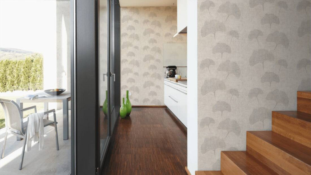 Floral Textured Wallpaper Gingko Leaves, Gray Silver, Sample