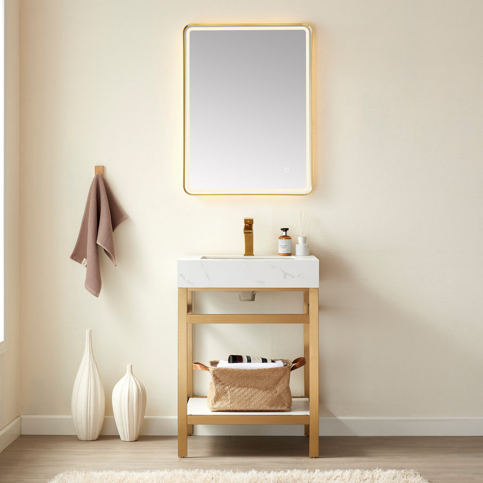 Funes Bath Vanity with Mirror, Brushed Gold Support, 24'', White Stone Top