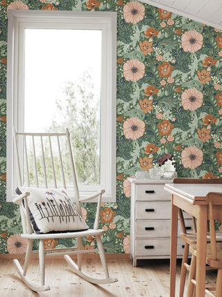 Victoria Green Floral Nouveau Wallpaper, Swatch
