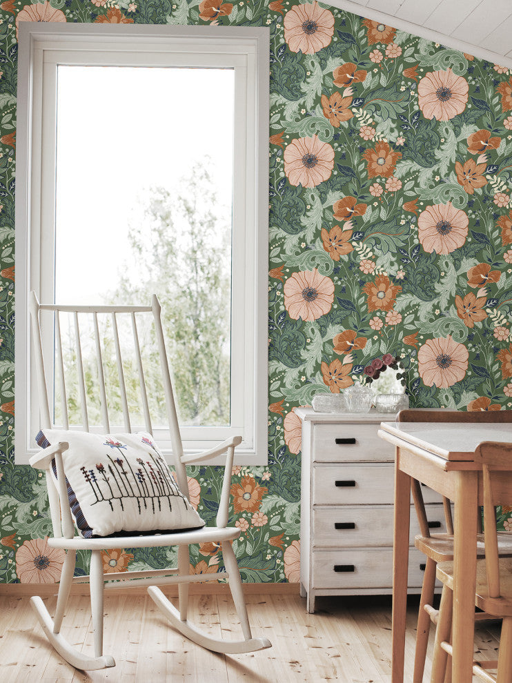 Victoria Green Floral Nouveau Wallpaper, Swatch