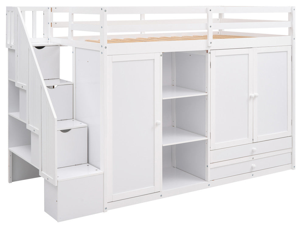 Gewnee Functional Loft Bed with 3 Shelves, 2 Wardrobes and 2 Drawers in White
