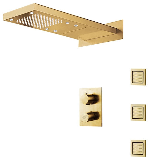 Cosenza 22" Brushed Gold Rainfall Shower System, 3 Jetted Body Sprays, Led
