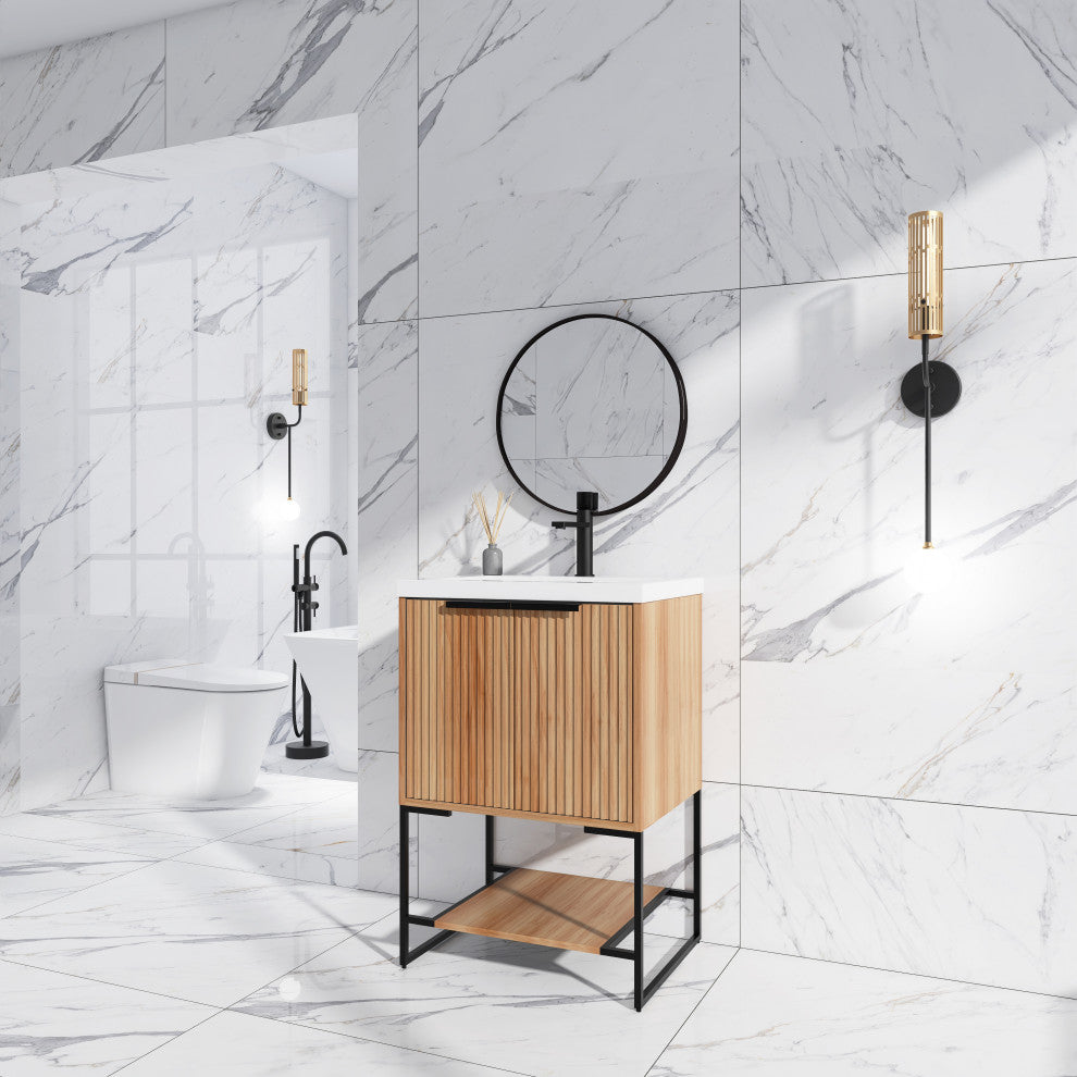 Plywood Freestanding Bathroom Vanity Set with White Ceramic Sink , Maple, 24