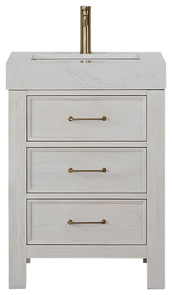 Leon Bath Vanity With Composite Stone Top, Washed White, 24", No Mirror