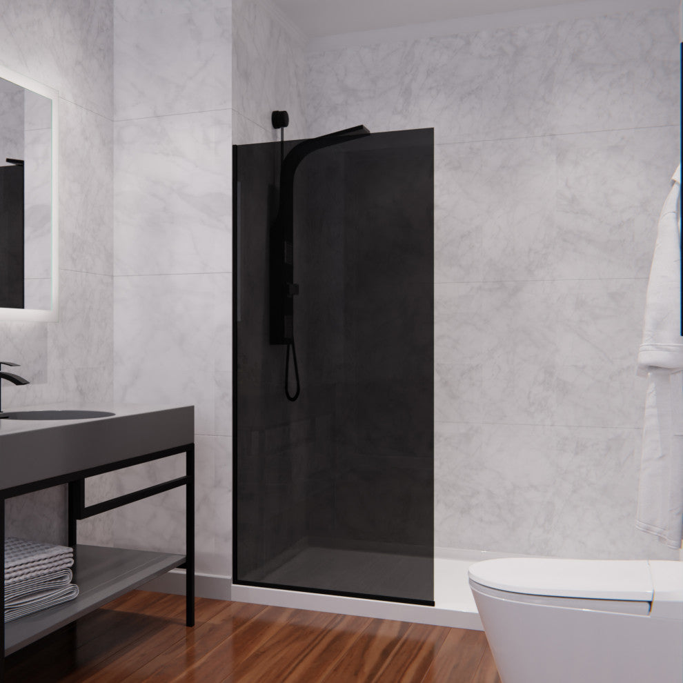 Veil Series 74"x34" Framed Frosted Glass Shower Screen Shower Door, Matte Black, Tinted