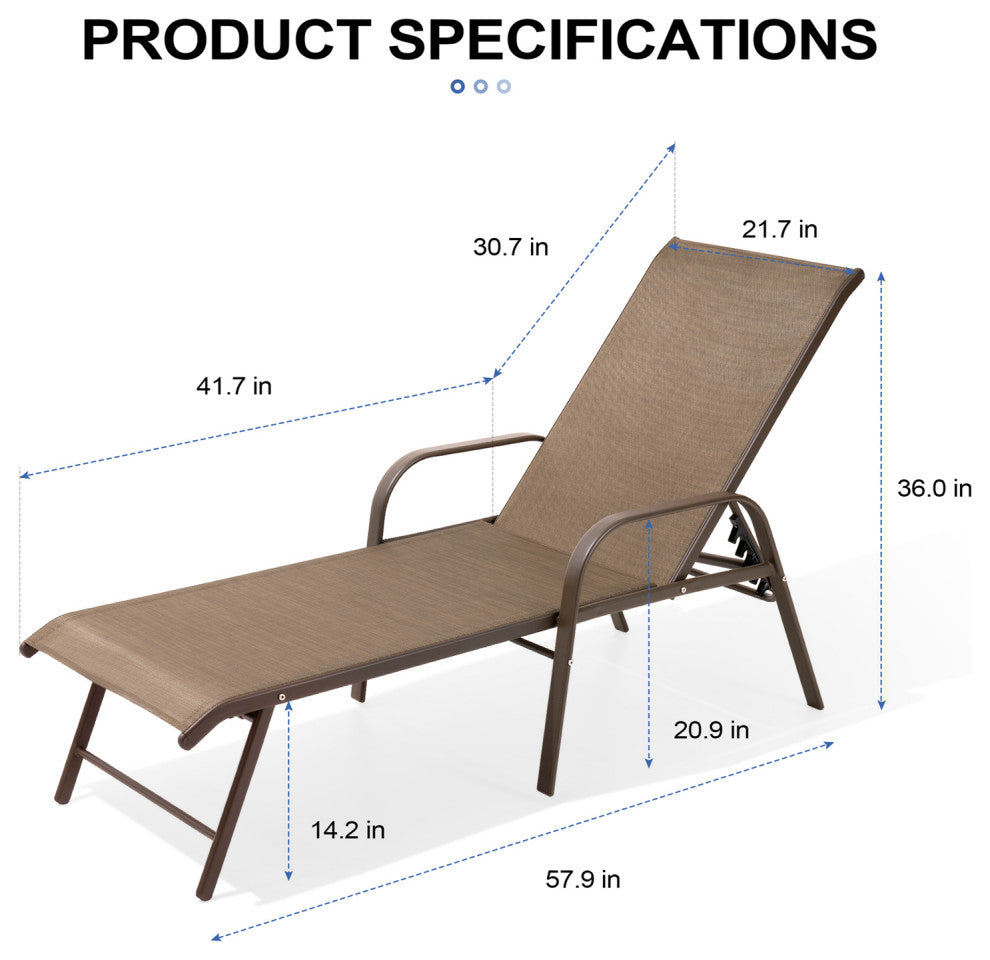 Aluminum Chaise Lounge Chair, Adjustable Outdoor Recliner, Brown