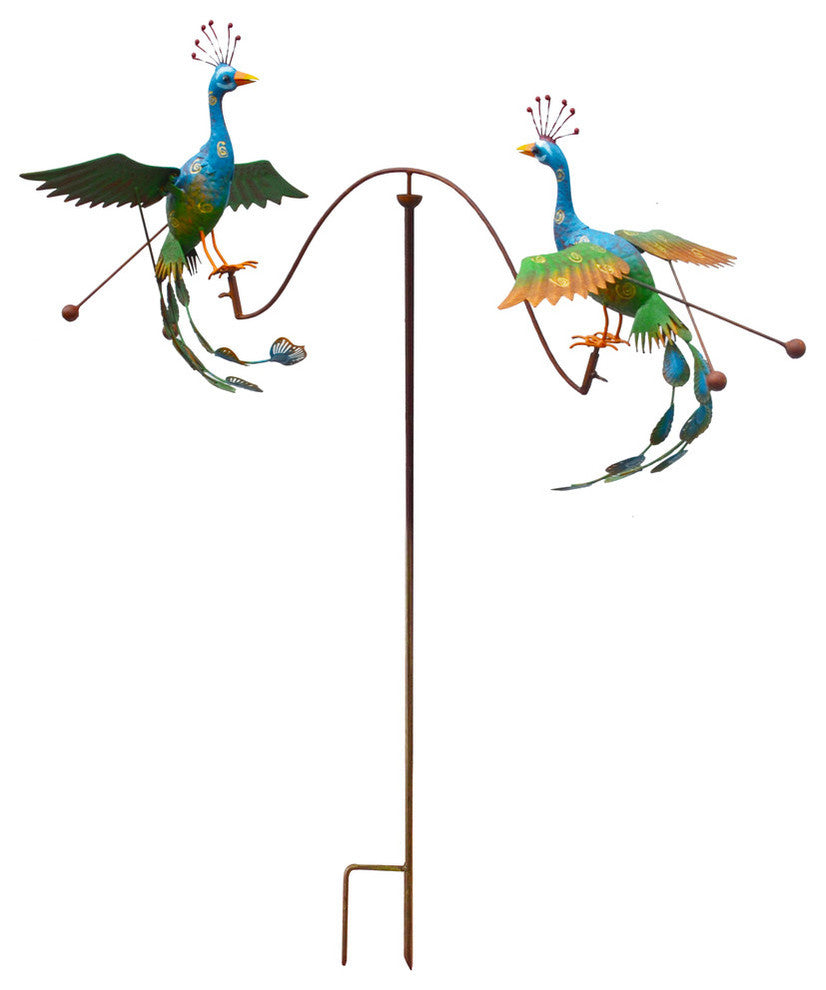 Metal Rustic Double Peacocks Balancing Rocker Garden Stake