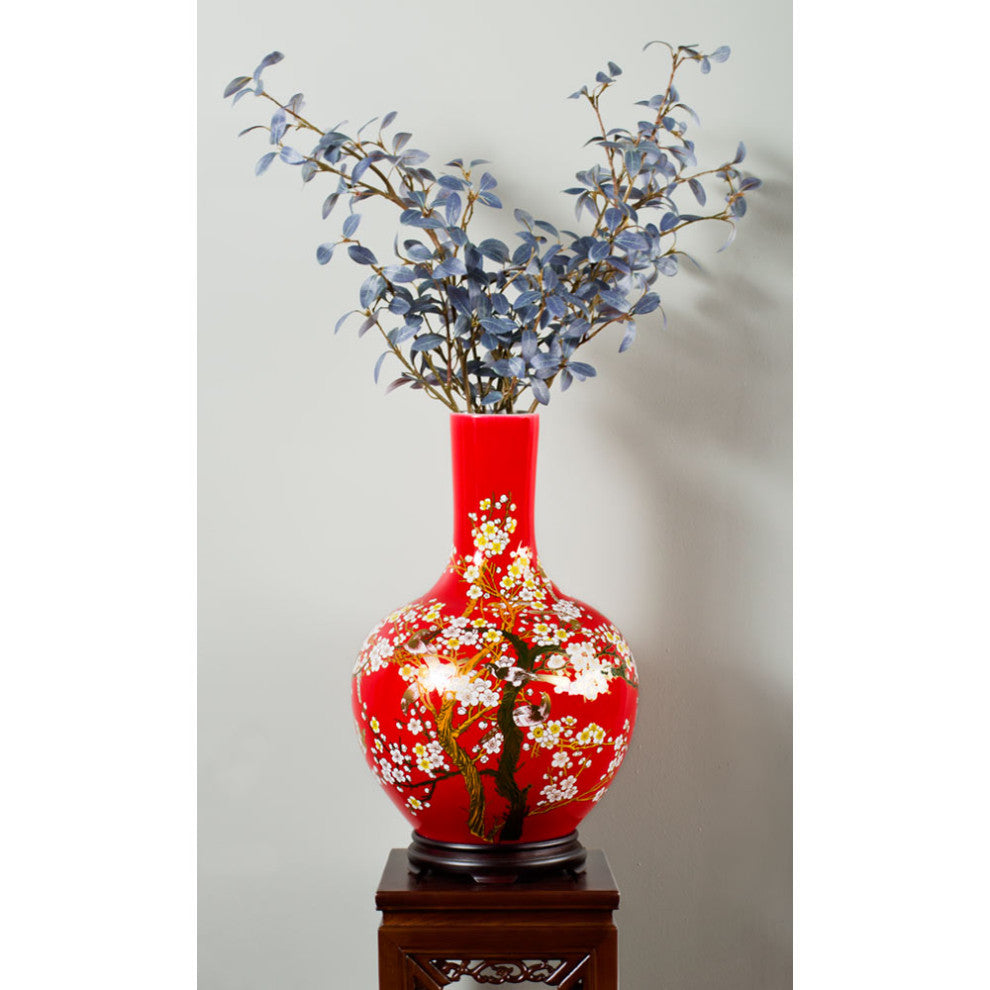 Red Cherry Blossom Chinese Porcelain Temple Vase, With Stand