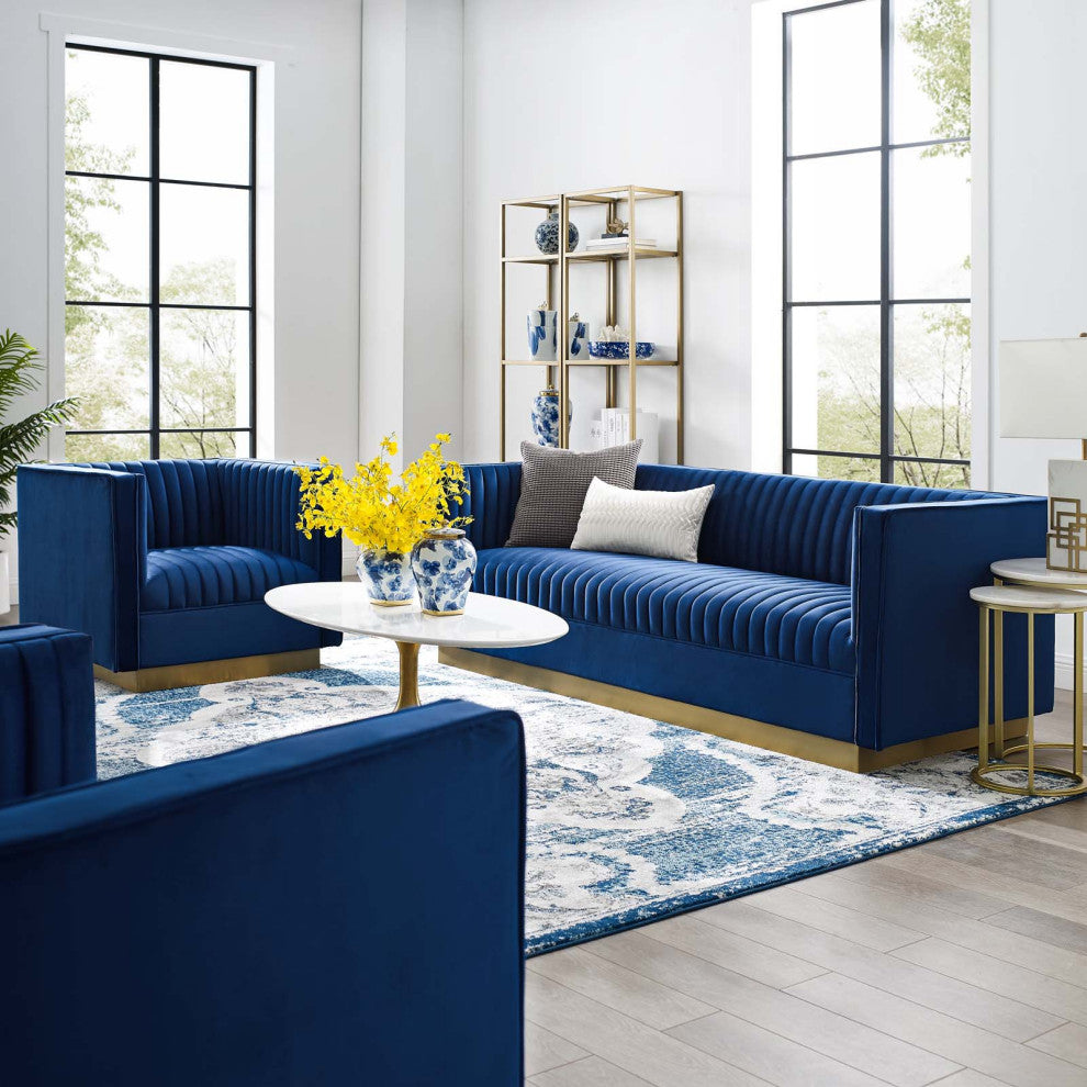 Tufted Armchair and Sofa Set, Velvet, Blue Navy, Modern, Lounge Hospitality