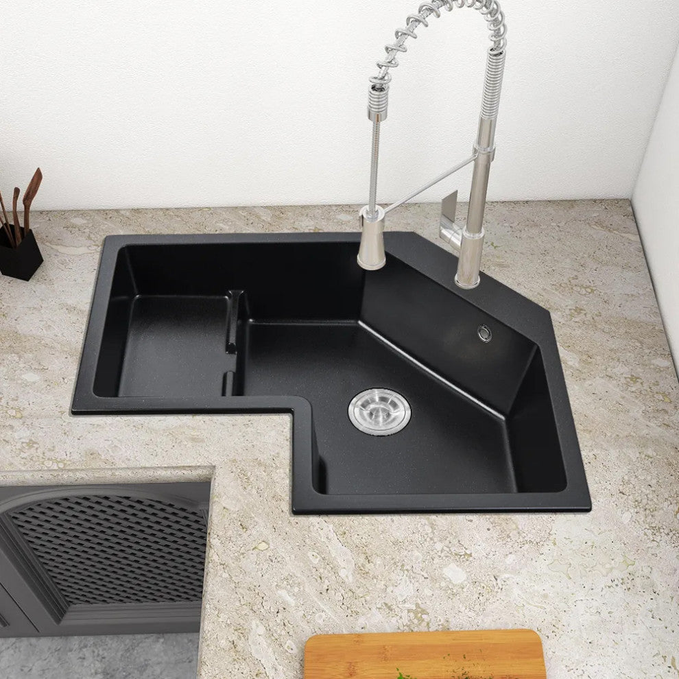 32" Modern Black Drop In Corner Kitchen Sink Single Bowl Quartz Irregular, Left Corner