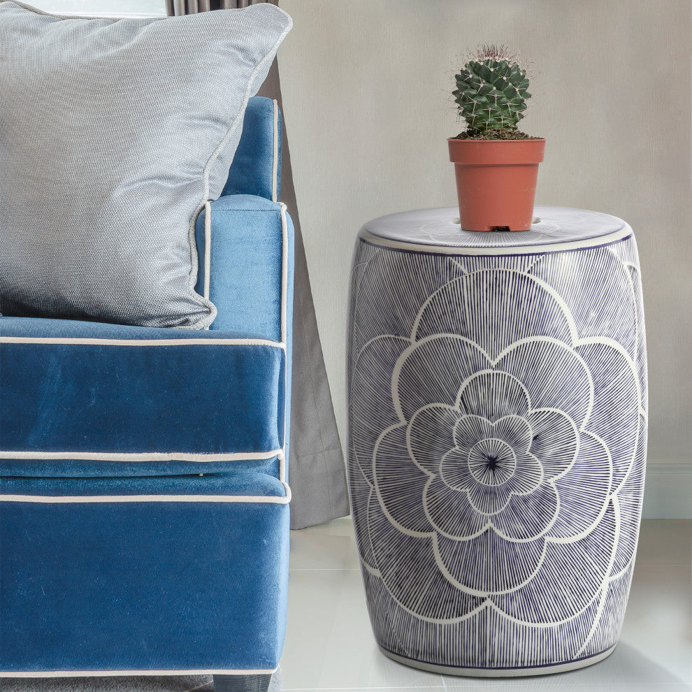 Camellia 17" Ceramic Drum Garden Stool, Blue