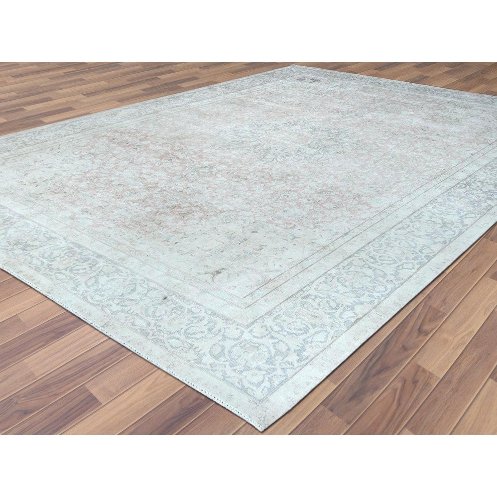 Worn Wool, Hand Knotted, Ivory, Vintage Persian Kerman, Oriental Rug 9'8"x12'10"
