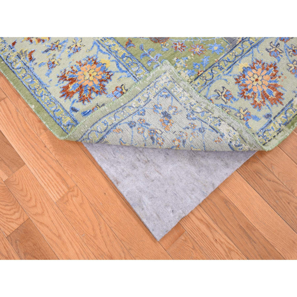 Green Rug, on Rug, Design Hand Knotted Silk With Textured Wool Rug, 7'9"x9'10"
