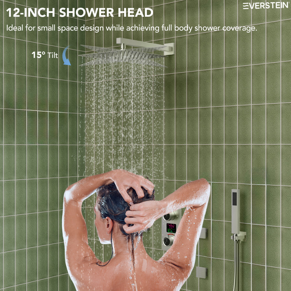 LED Temperature Digital Display Shower System With Body Jets, Brushed Nickel, 12 Inches