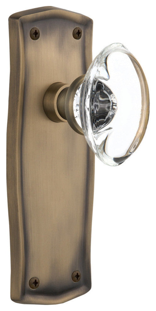 Prairie Plate Passage Oval Clear Crystal Glass Door Knob, Antique Brass
