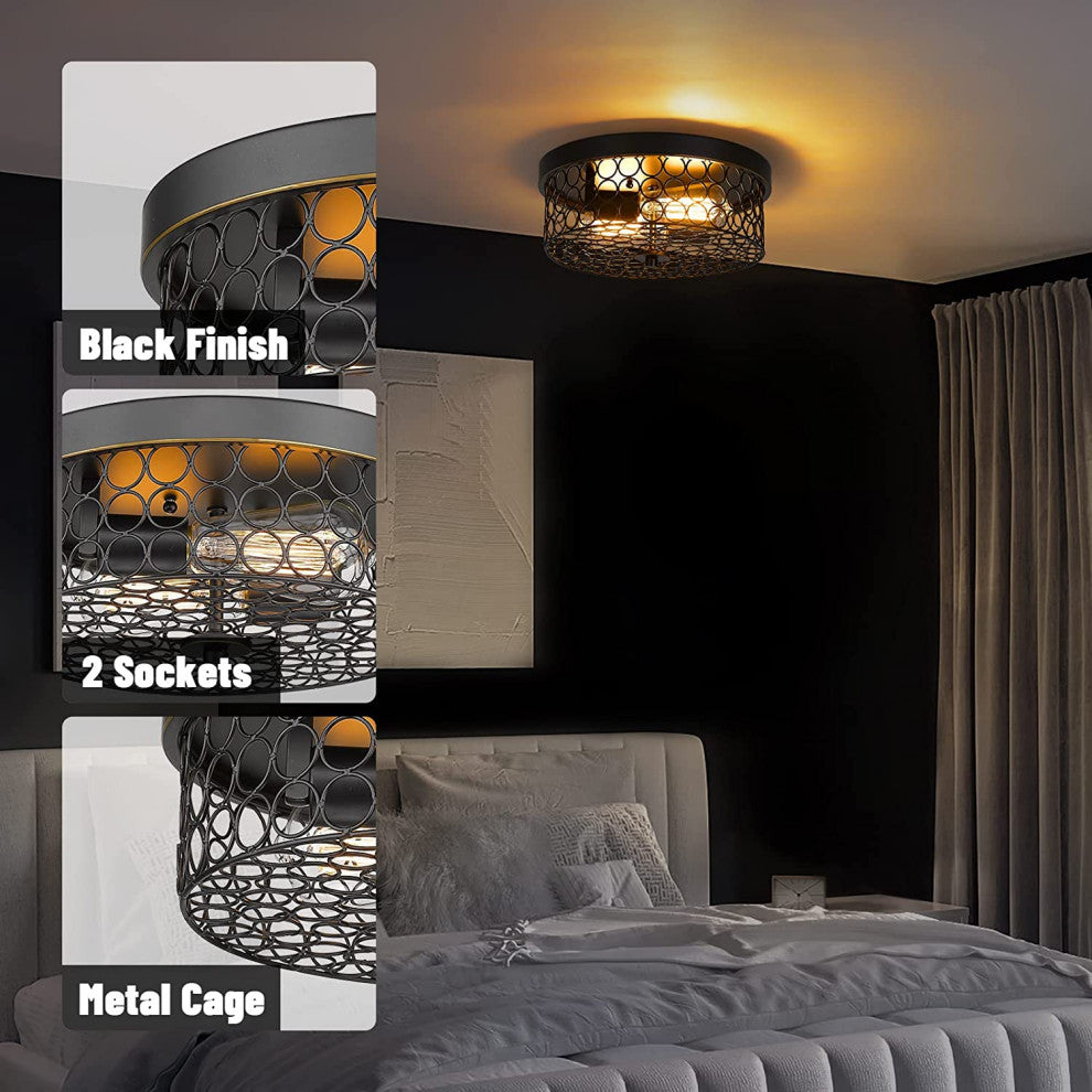 2 Light Rust Flush Mount Ceiling Light, Vintage, Black Mesh Cage