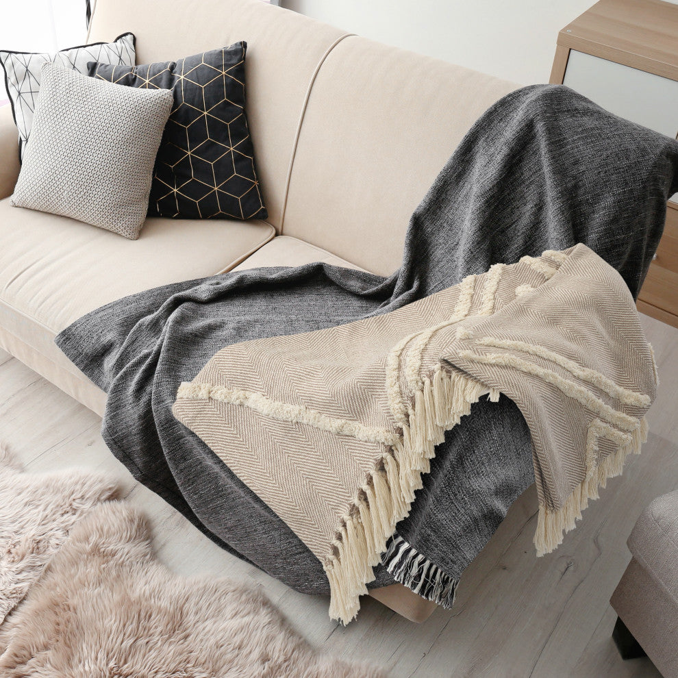 Tufted Geometric Beige and Cream Throw Blanket With Fringe