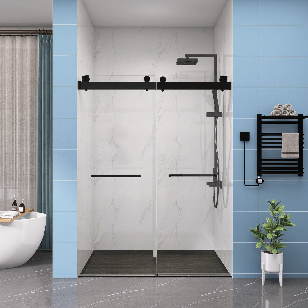 60"/72" W x 79" H Double Sliding Frameless Shower Door, Matte Black;, 60" X 79";