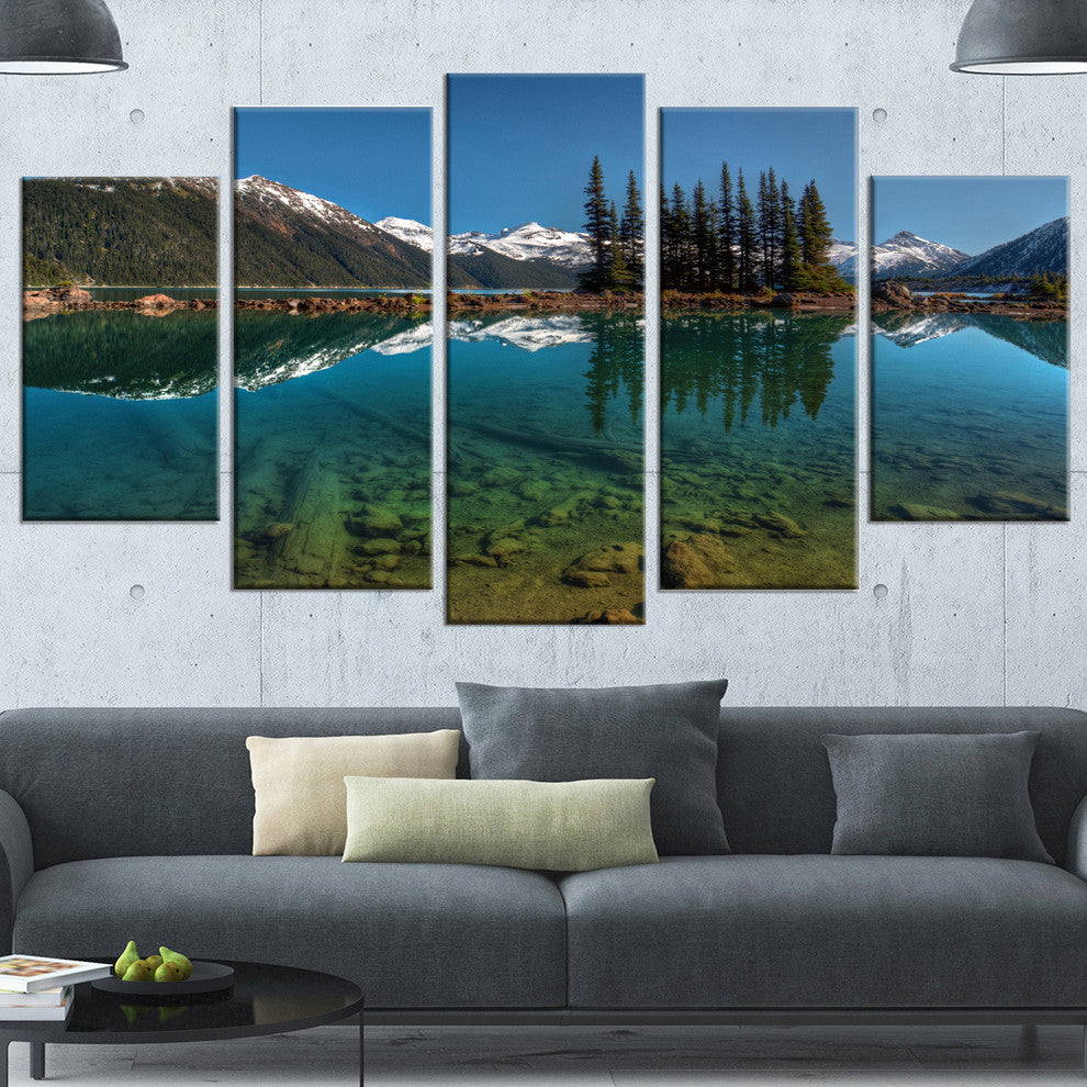 Row of Pine Trees and Mountain Lake, Landscape Canvas Print, 60"x32", 5 Panels