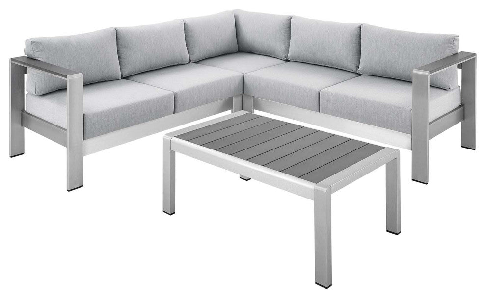 Sectional Sofa Chair Table Set, Sunbrella, Aluminum, Silver Gray, Outdoor