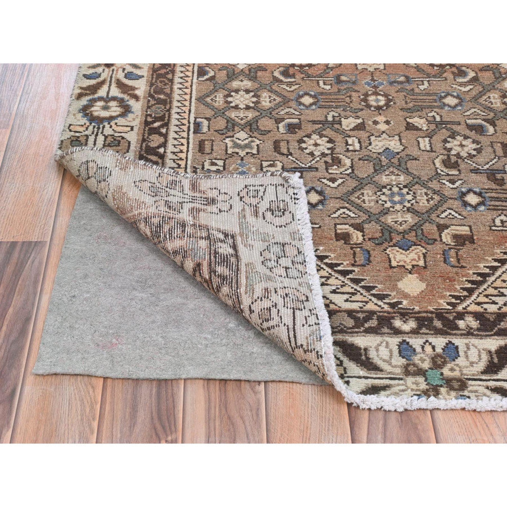 Almond Brown Vintage Persian Hamadan Hand Knotted Pure Wool Runner Rug, 3'4"x10'