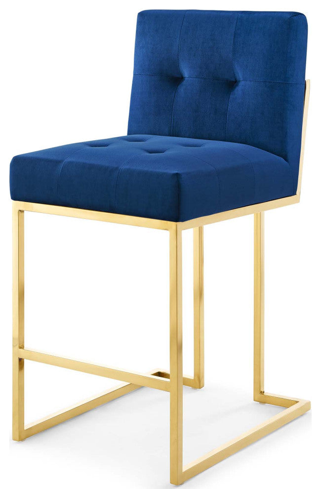 Counter Stool Chair, Velvet, Metal, Gold Blue Navy, Modern, Bar Pub Cafe Bistro