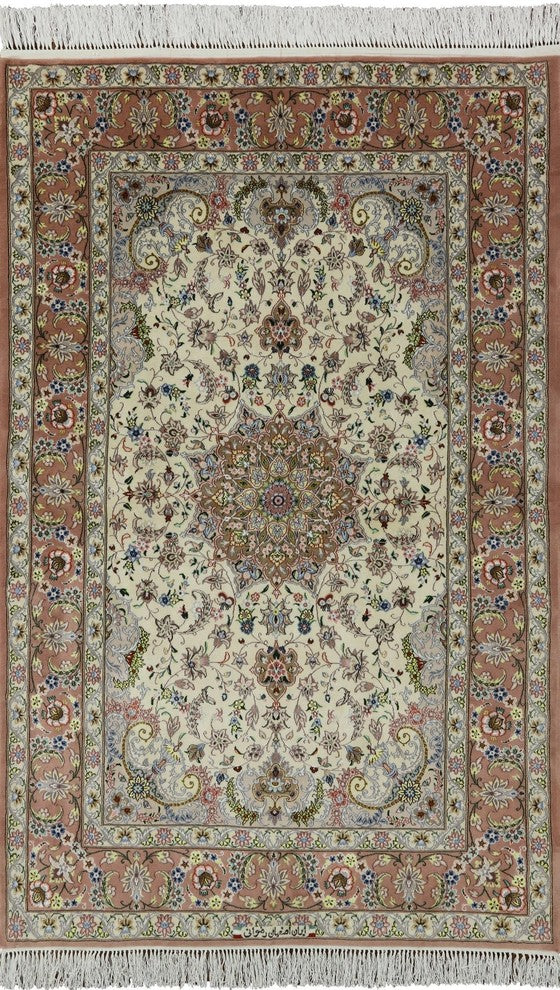 Signed Authentic Persian Isfahan Wool and Silk Area Rug, 4'x7'
