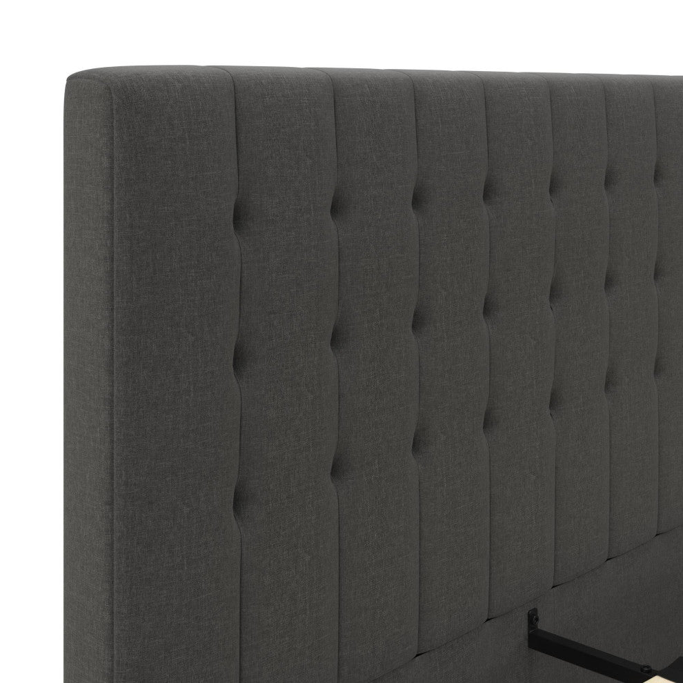 King Platform Bed, Bentwood Slats & Tufted Linen Upholstered Headboard, Gray