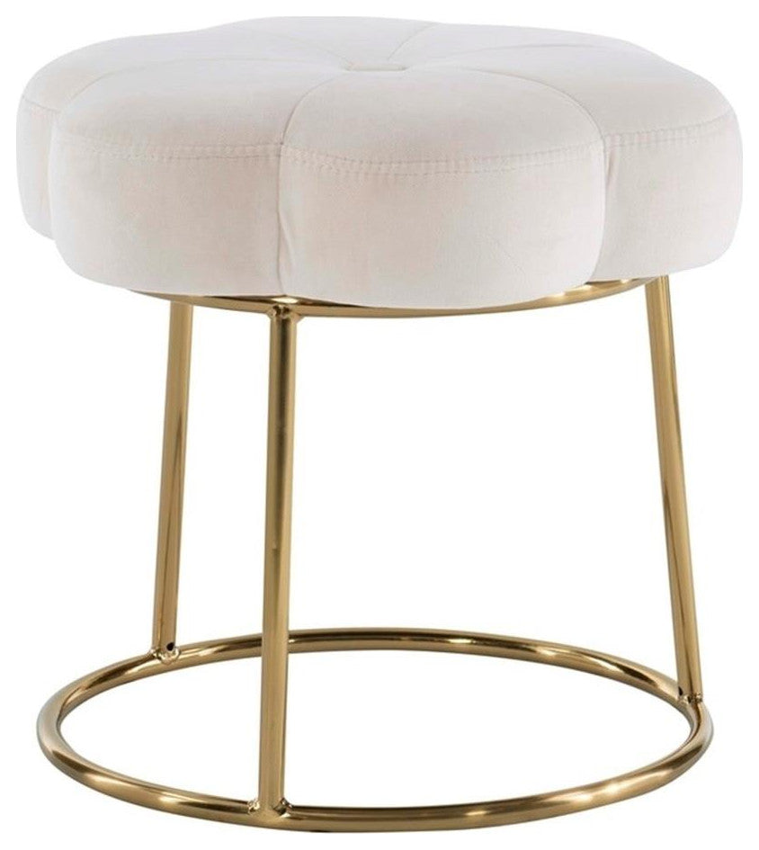 Linon Siena Gold Base Upholstered Flower Shaped Vanity Stool in White Velvet