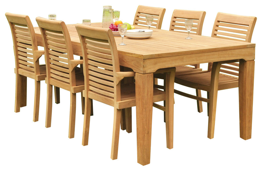 7-Piece Outdoor Teak Dining Set: 122" Rectangle Table, 6 Mas Stacking Arm Chairs