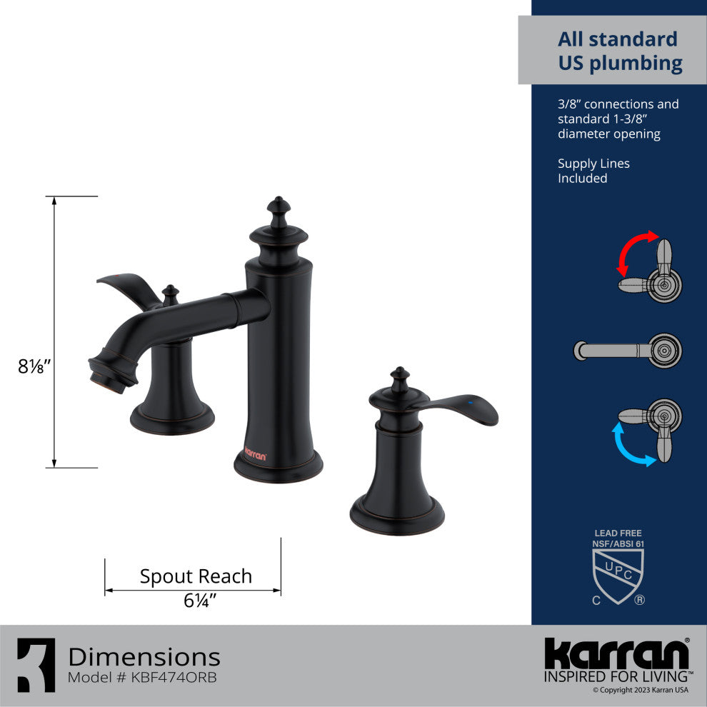 Karran 2-Handle 3-Hole Widespread Faucet With Pop-up Drain, Oil Rubbed Bronze