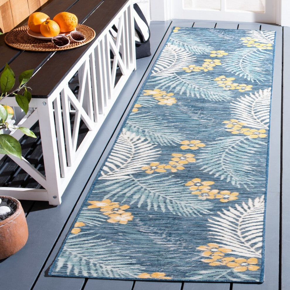 Safavieh Sunrise Collection SUN675 Indoor-Outdoor Rug, Ivory/Blue Gold, 2'x8'
