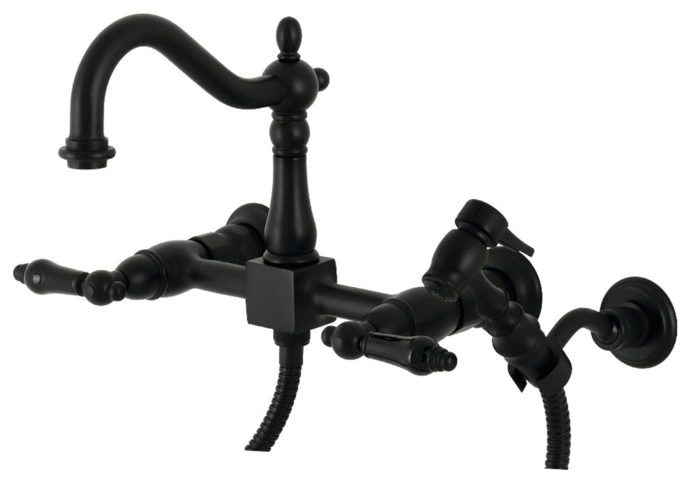 KS1260PKLBS Wall Mount Bridge Kitchen Faucet With Brass Sprayer, Matte Black