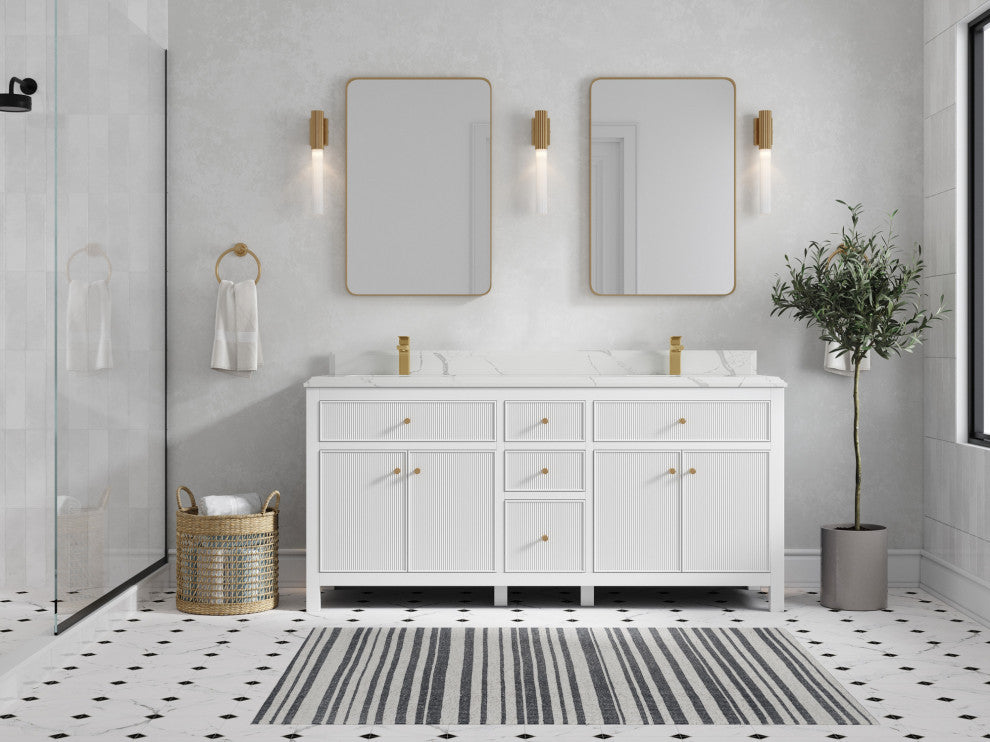 Sonoma 72 Double Sink Reeded Bath Vanity in White 1.5" Calacatta Laza