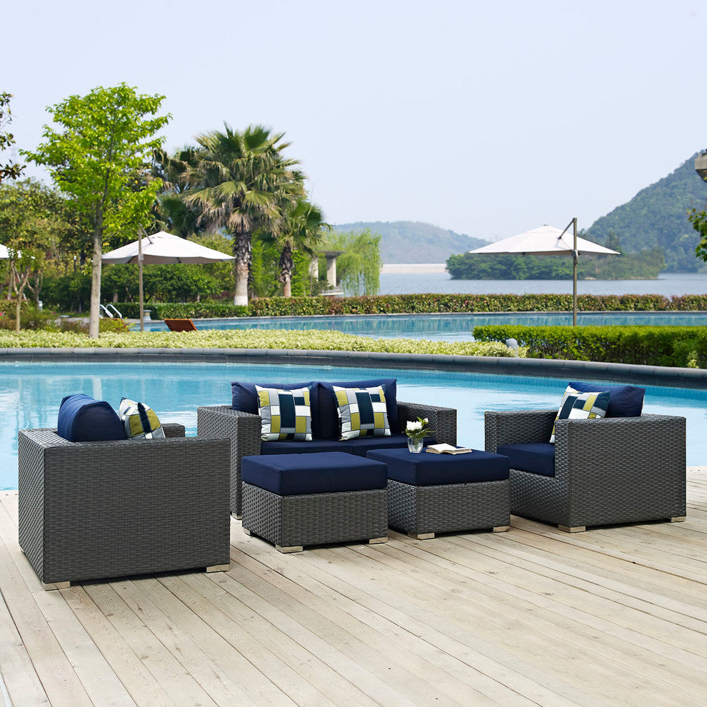 Canvas Navy Sojourn 5-Piece Outdoor Patio Sunbrella Sectional Set