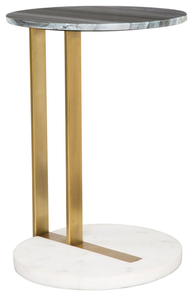 Sofa Side Table, Round, Artificial Marble, Iron Metal, Gray, Gold, White