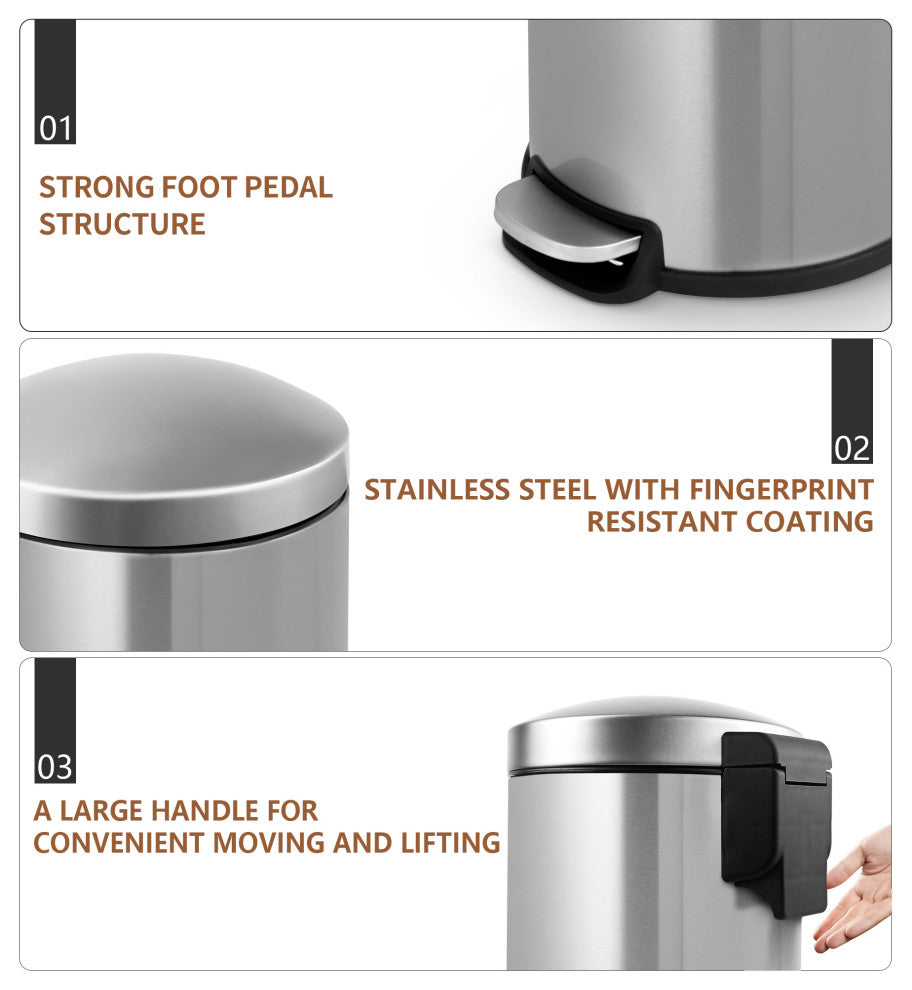 1.3 Gal. Stainless Steel Brushed Fingerprint-Resistant Round Step-on Trash Can