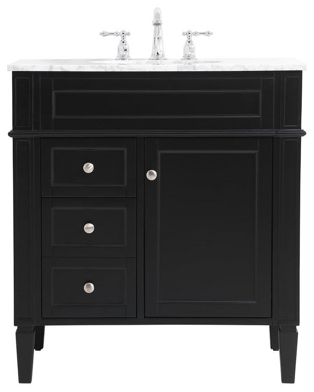 Home Living Vanity with Carrara White Marble Countertop, Black, 32", Single Sink