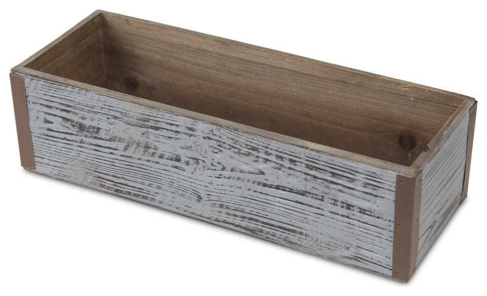 Gray Wash Wooden Rectangular Planter With Metal Corner Accents