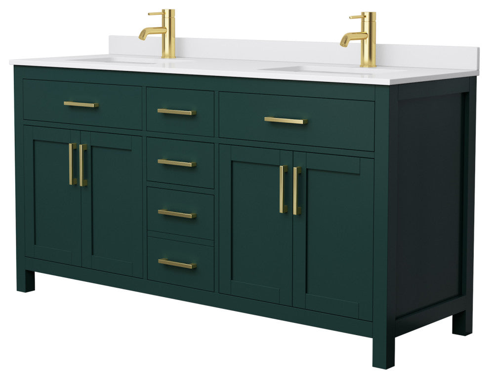 66"DBL Bathroom Vanity, Green, White Cult. Marble Countertop, Sinks, Gold Trim