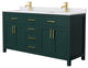 66"DBL Bathroom Vanity, Green, White Cult. Marble Countertop, Sinks, Gold Trim