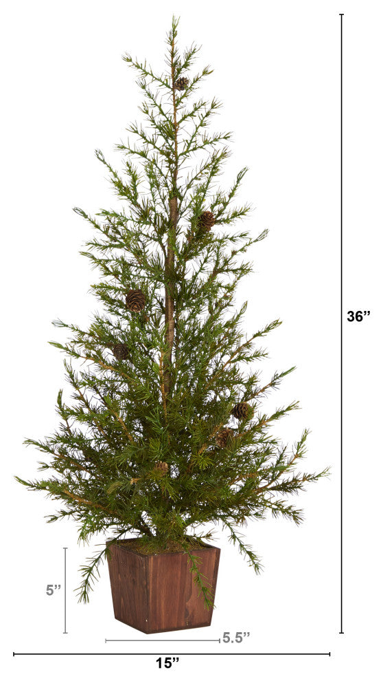 3'' Alpine Natural Look Artificial Christmas Tree, Wood Planter With Pine Cones
