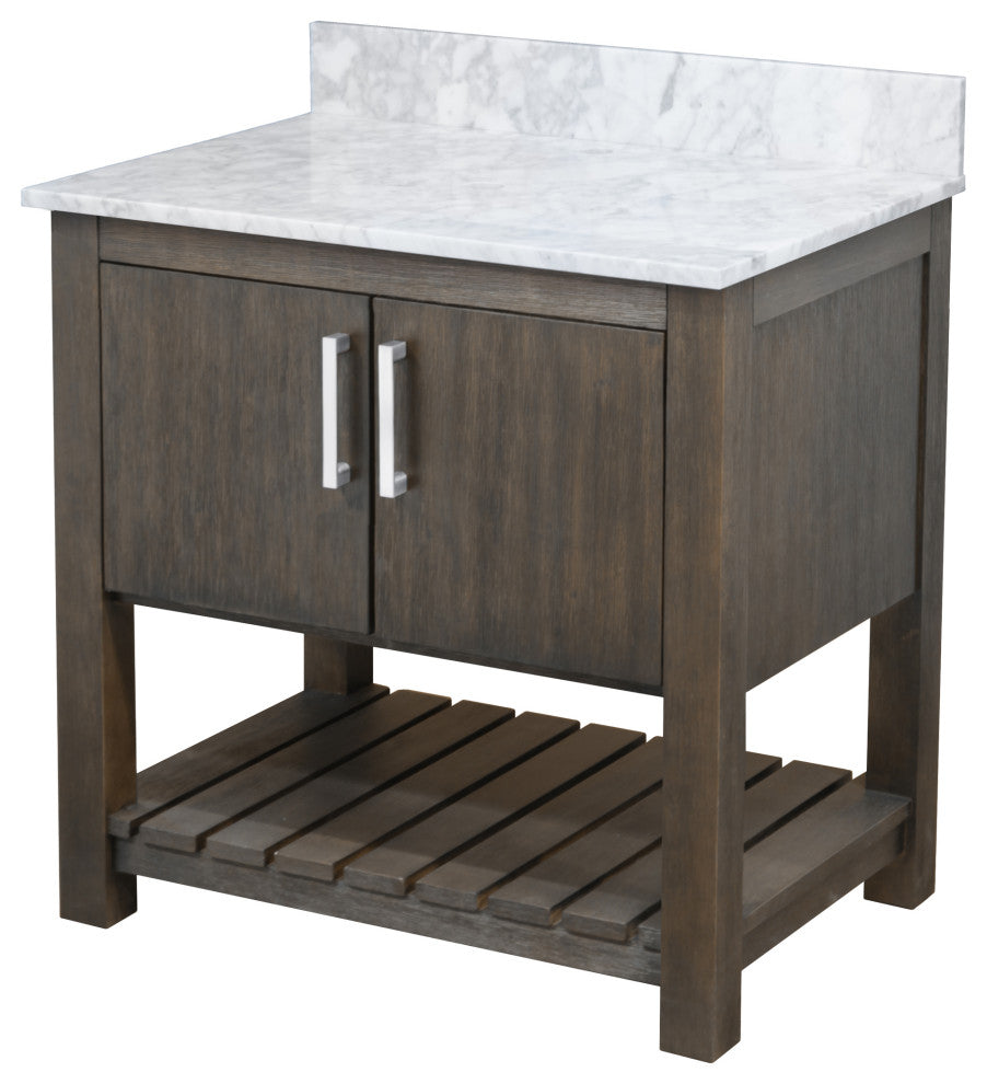 30" Vanity with Carrara White Marble Counter and BackSplash, Chrome, Without Mirror