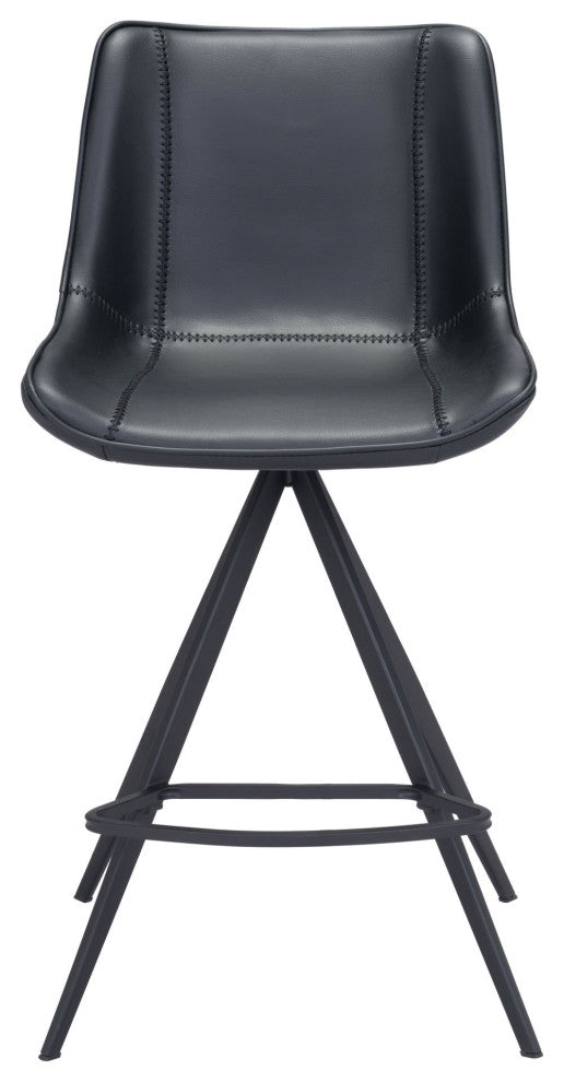 Counter Stool Chair, Set of 2, Faux Vinyl Leather, Steel, Black, Cafe Bistro