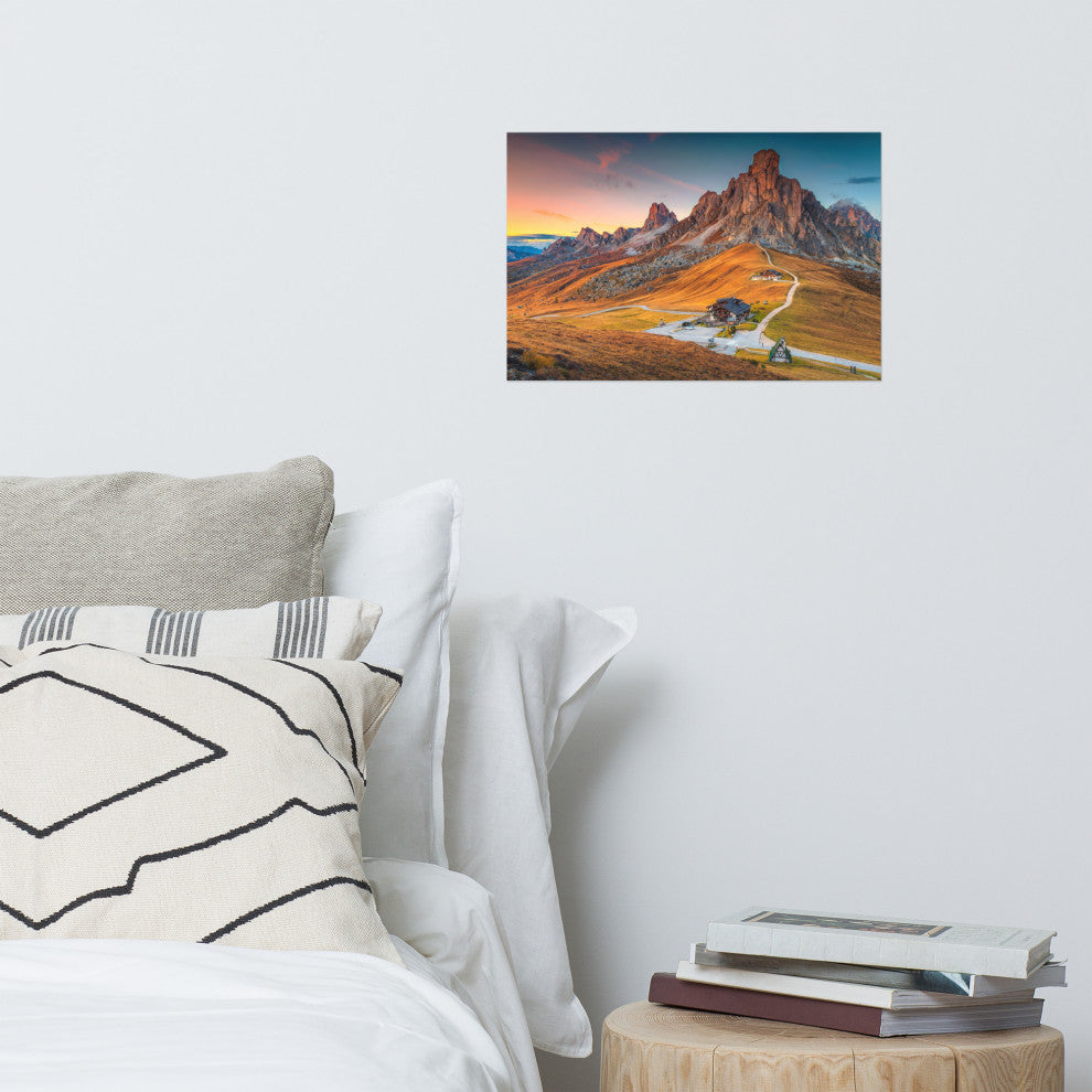 Sunset at Alpine Mountain Pass Rural Landscape Photo Wall Art Print, 12" X 18"
