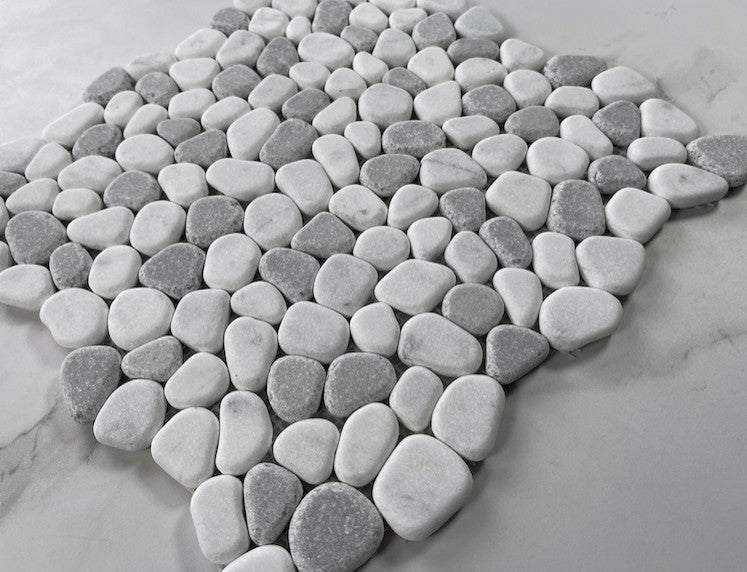 Non Slip Shower Floor Tile Tumbled Carrara Grey Marble Pebble Mosaic, 1 sheet