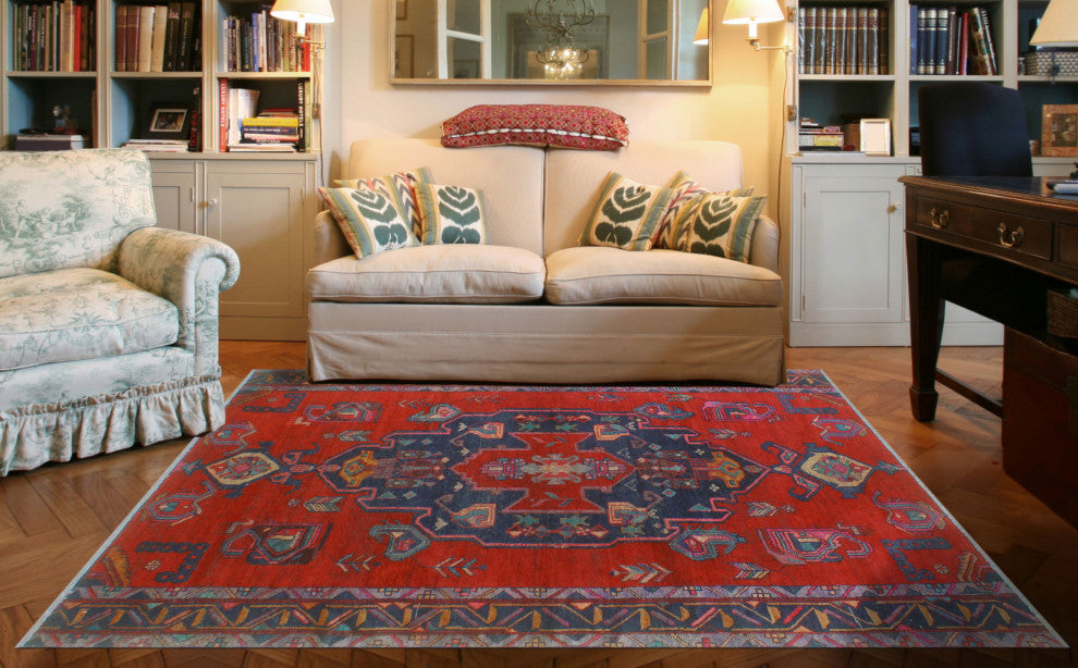 Fine Vintage Distressed Yadiel Red/Navy Rug, 5'6x9'0