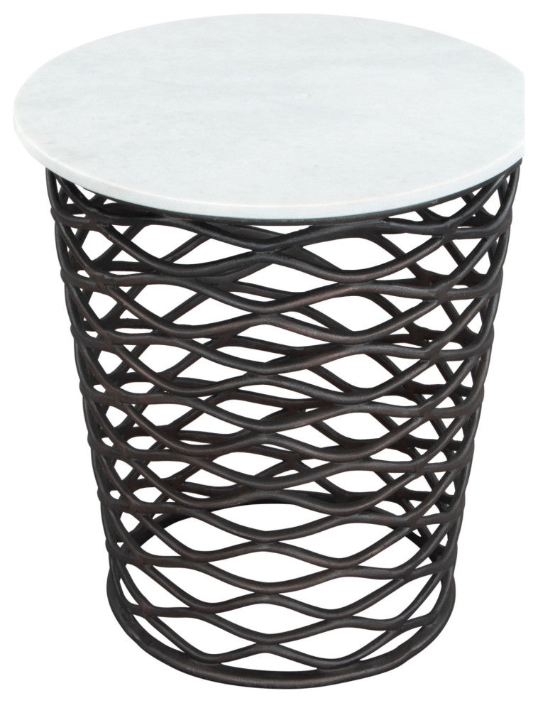 Sofa Side Table, Round, Artificial Marble, Aluminum Metal, White, Antique Black