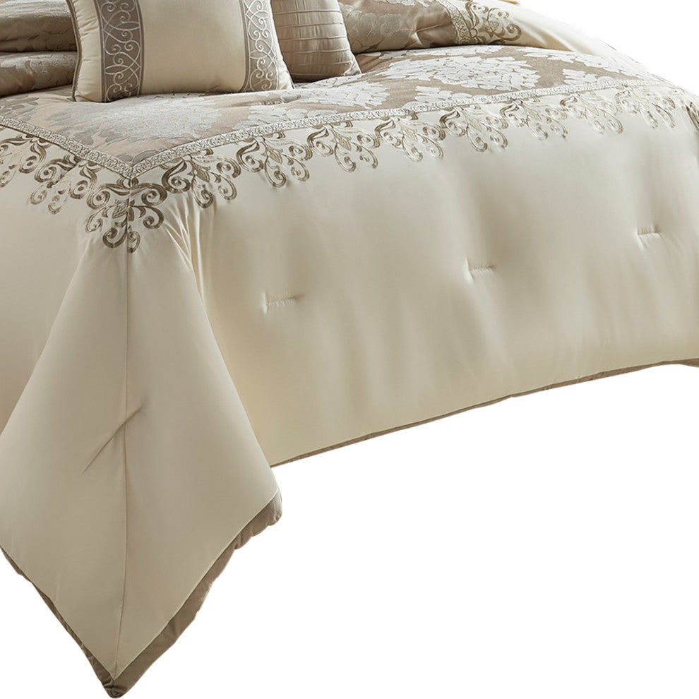 Benzara BM225169 10 Piece King Polyester Comforter Set , Cream and Gold